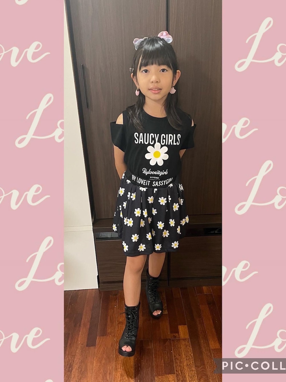 ブラック系のTシャツ/カットソー、ブラック系のその他パンツ、ブラック系のサンダルを着用したキッズの夏コーディネートの2枚目の写真