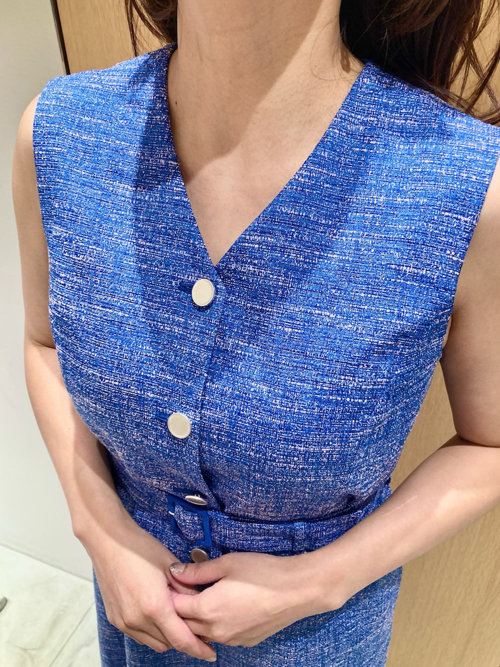 「アナイ(ANAYI)、春、おでかけコーデ、ジャケット、ワンピース、ブルー、セットアップ、オトナ女子、オトナカワイイ、フェミニン、オケージョン、入学式、きちんとスタイル、低身長」｜「ANAYIのスラブツイードブルゾン（その他アウター、ブルー系）」を使った、Hasebe.tさん（レディース・154cm）の春コーディネートの6枚目の写真