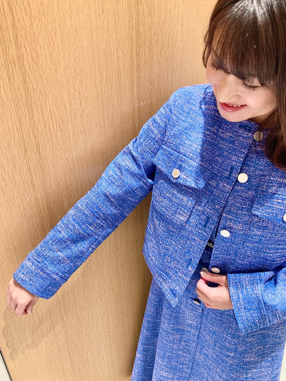 「アナイ(ANAYI)、春、おでかけコーデ、ジャケット、ワンピース、ブルー、セットアップ、オトナ女子、オトナカワイイ、フェミニン、オケージョン、入学式、きちんとスタイル、低身長」｜「ANAYIのスラブツイードブルゾン（その他アウター、ブルー系）」を使った、Hasebe.tさん（レディース・154cm）の春コーディネートの3枚目の写真
