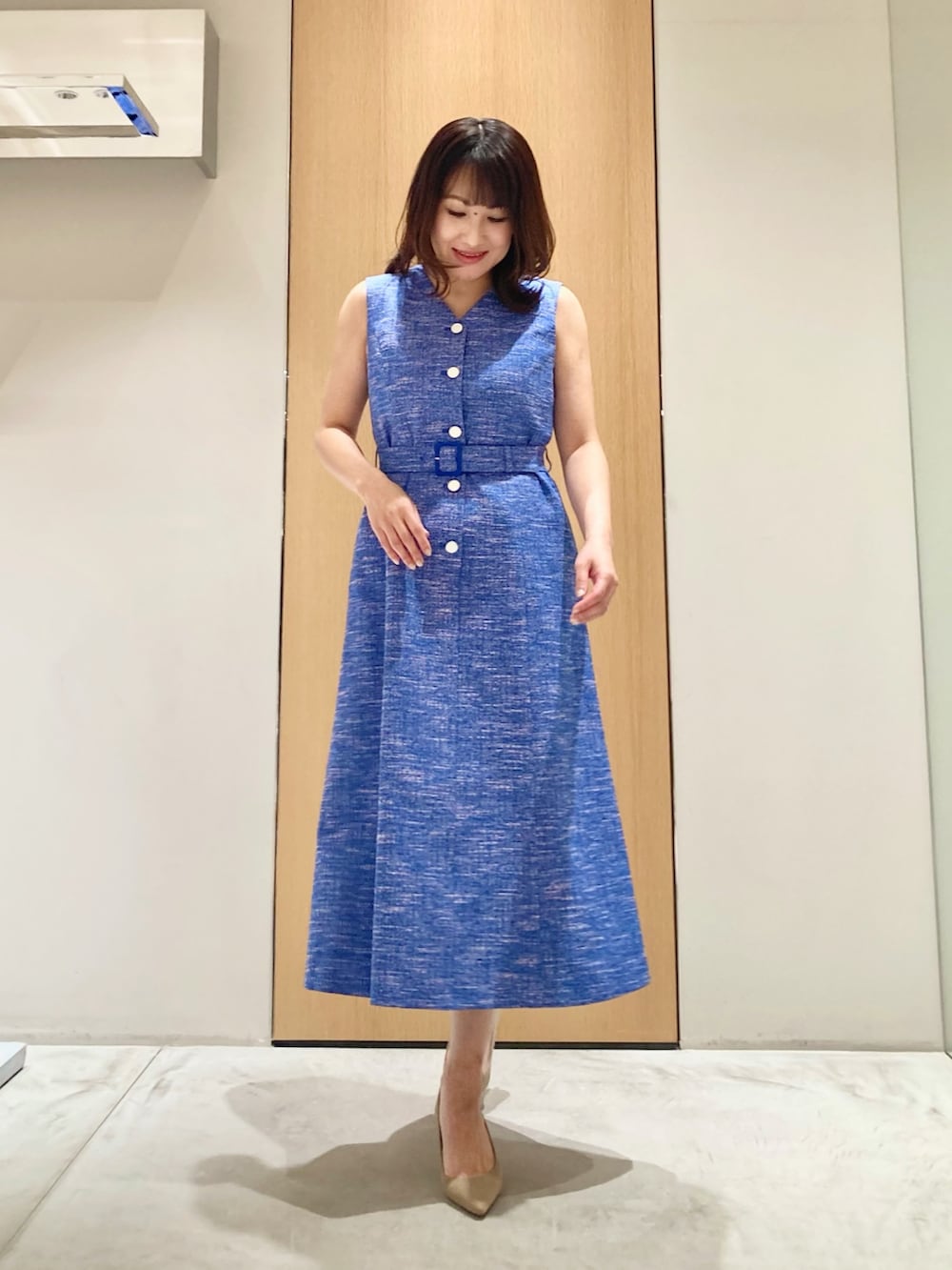 「アナイ(ANAYI)、春、おでかけコーデ、ジャケット、ワンピース、ブルー、セットアップ、オトナ女子、オトナカワイイ、フェミニン、オケージョン、入学式、きちんとスタイル、低身長」｜「ANAYIのスラブツイードブルゾン（その他アウター、ブルー系）」を使った、Hasebe.tさん（レディース・154cm）の春コーディネートの5枚目の写真