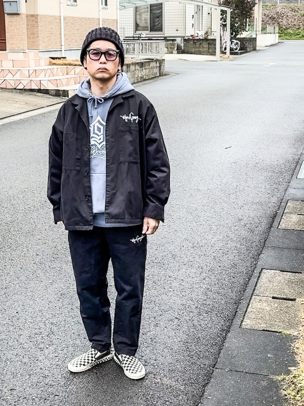 「シンプルスタイル、セットアップ、CPOジャケット、パーカー、ビッグシルエット、シンプルコーデ、ニット帽、スリッポン、ストリート」｜SG Ryoheyさん（メンズ・163cm）の春コーディネートの2枚目の写真