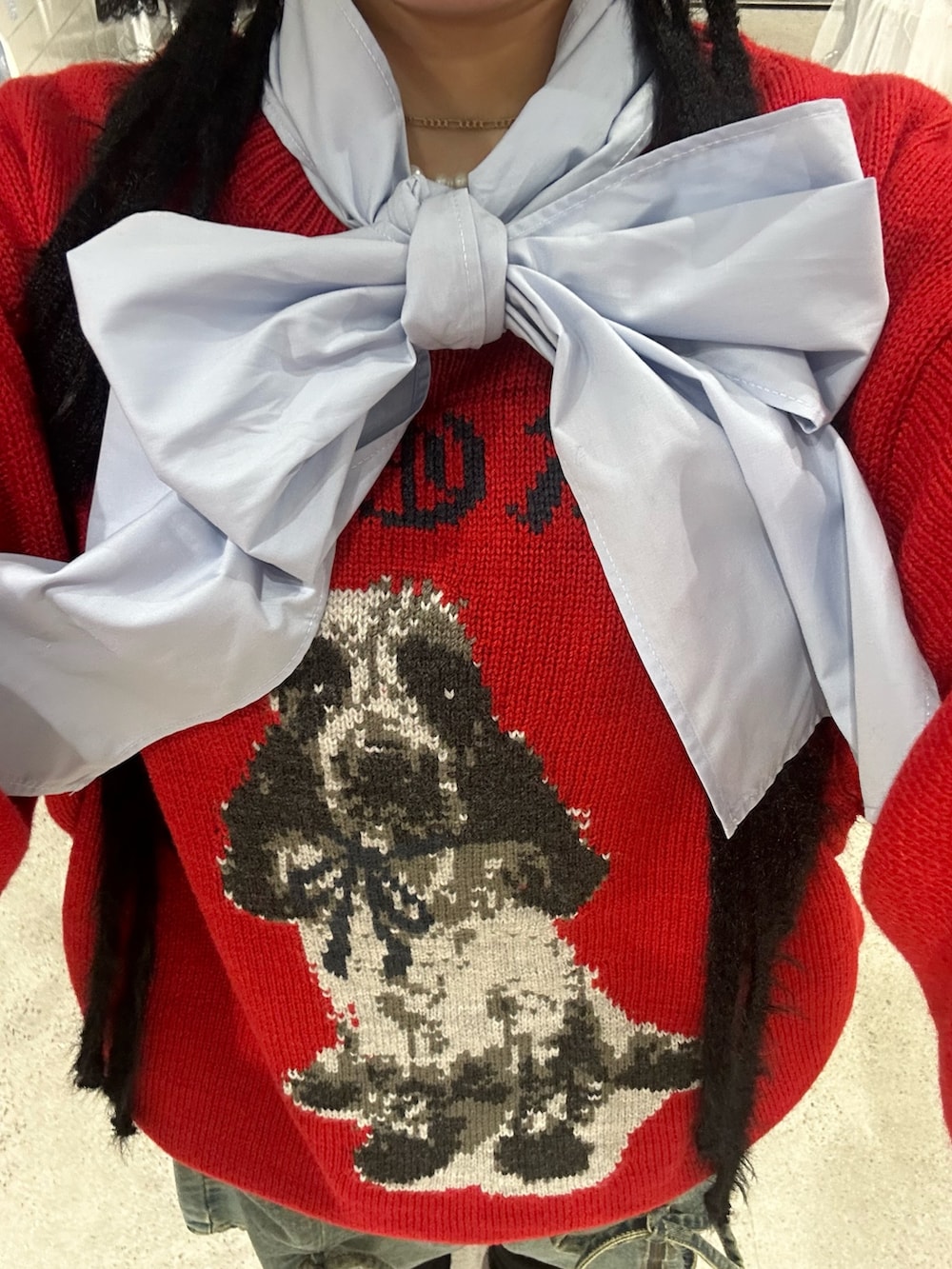 ブルー系のシャツ/ブラウス、レッド系のニット/セーター、ブルー系のデニムパンツを着用したレディースの秋コーディネートの6枚目の写真