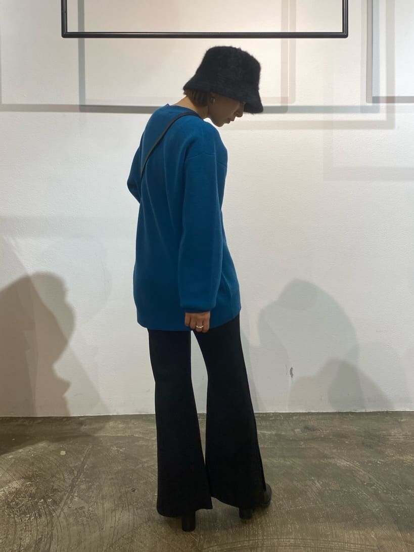 ブラック系のスラックス、ブルー系のニット/セーター、ブラック系のショルダーバッグを着用したレディースの秋コーディネートの2枚目の写真