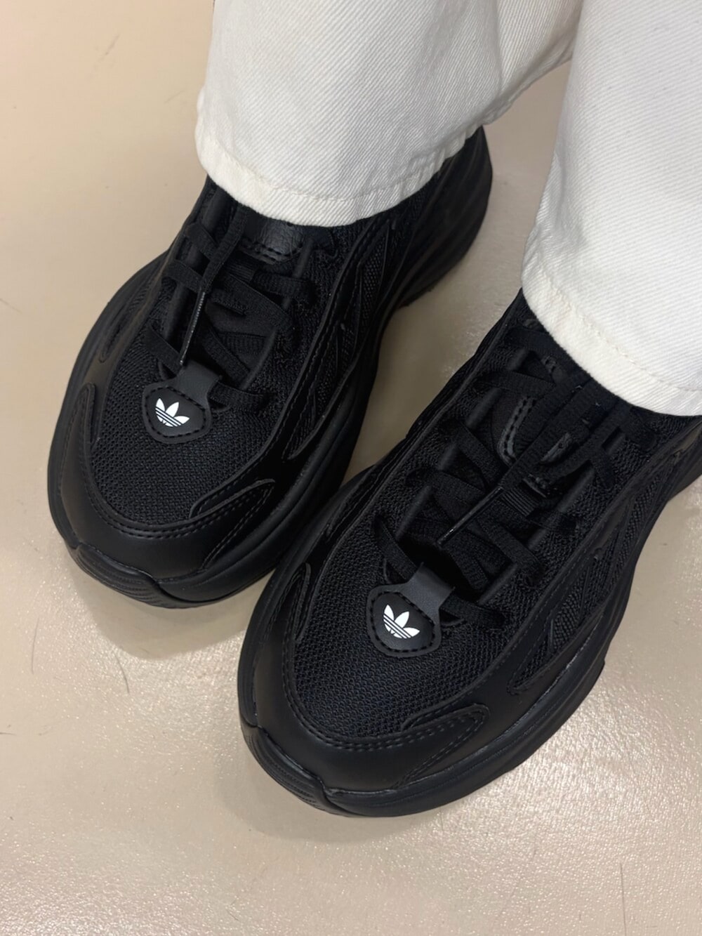 ブラック系のスニーカー、ブラック系のジャケット/アウター、ホワイト系のスウェットを着用したレディースの冬コーディネートの2枚目の写真