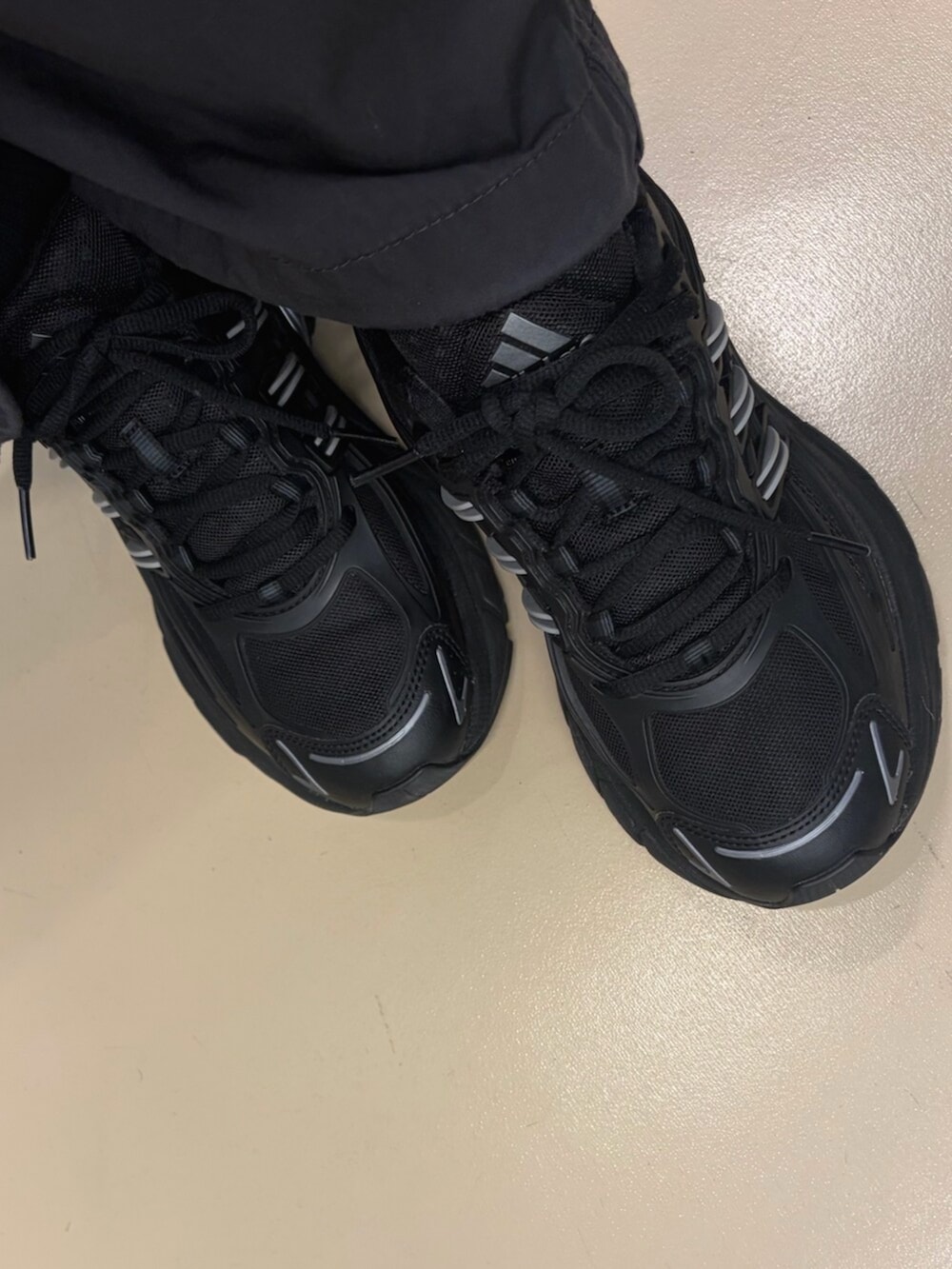 グレー系のその他パンツ、ブラック系のスニーカー、ブラック系のTシャツ/カットソーを着用したレディースの冬コーディネートの2枚目の写真