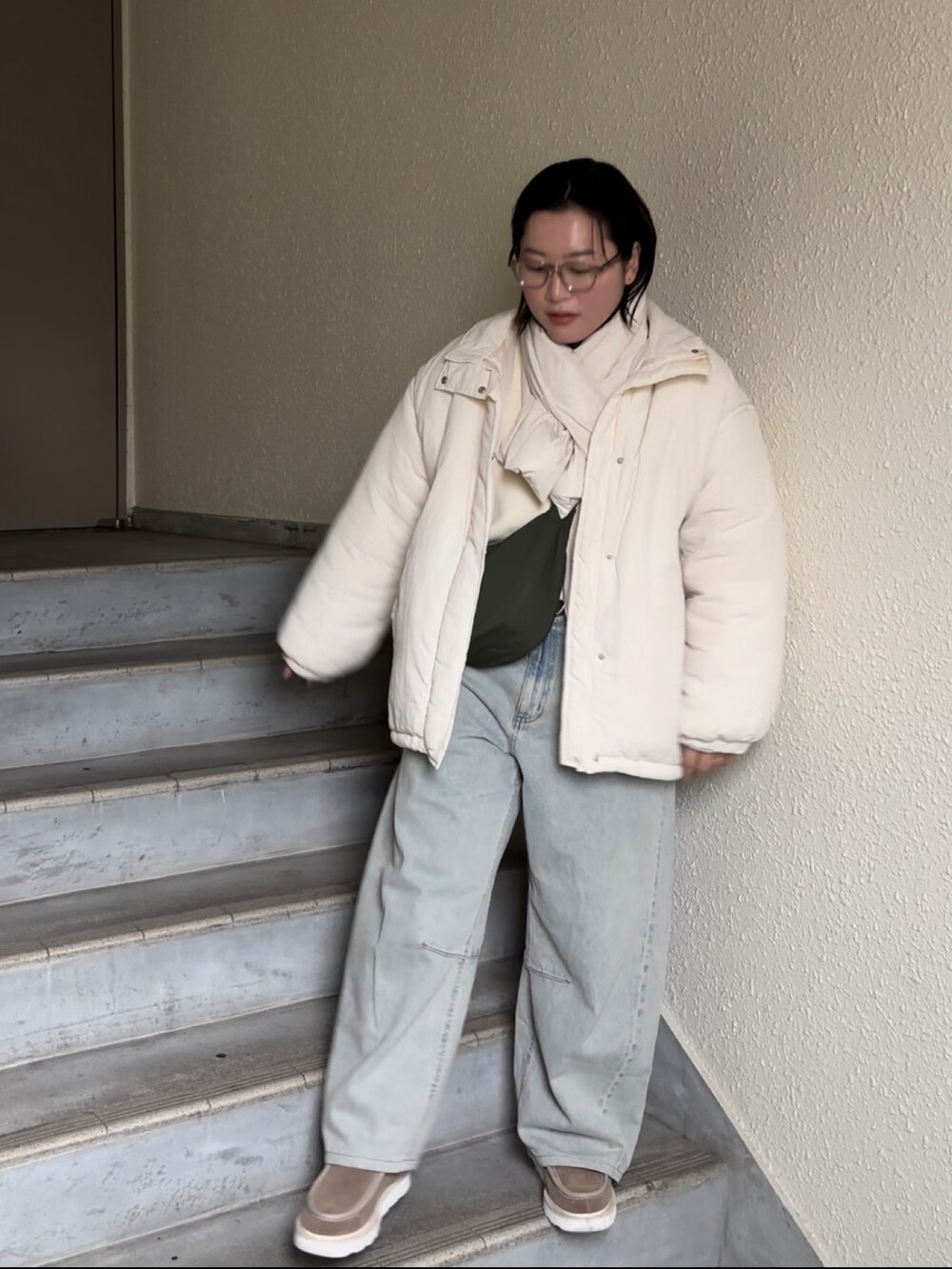 「春コーデ、ぽっちゃり、プラスサイズ、春服」｜「GUのアイテム（デニムパンツ、ブルー系）」を使った、真波(Manami)さん（骨格ストレート・レディース・153cm）の春コーディネートの3枚目の写真