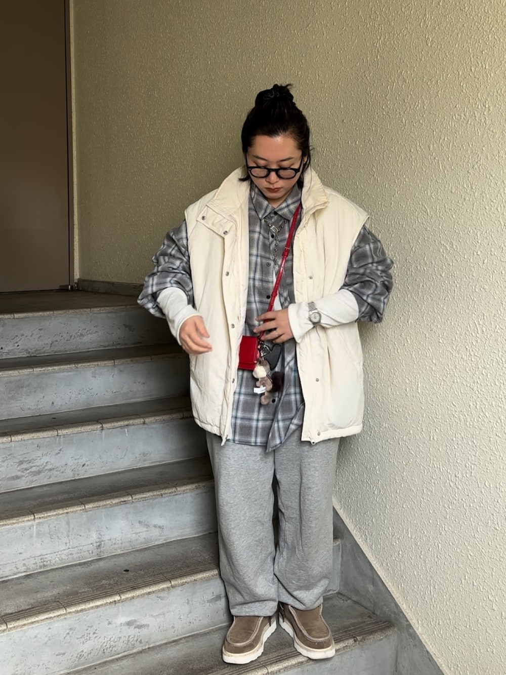 「ネルシャツ、フランネルシャツ、スウェット、スウェットパンツ、ブーツ、プラスサイズ、ぽっちゃり」｜「coca（coca）のアソートチェックシャツ（シャツ/ブラウス、その他）」を使った、真波(Manami)さん（骨格ストレート・レディース・153cm）の春コーディネートの2枚目の写真