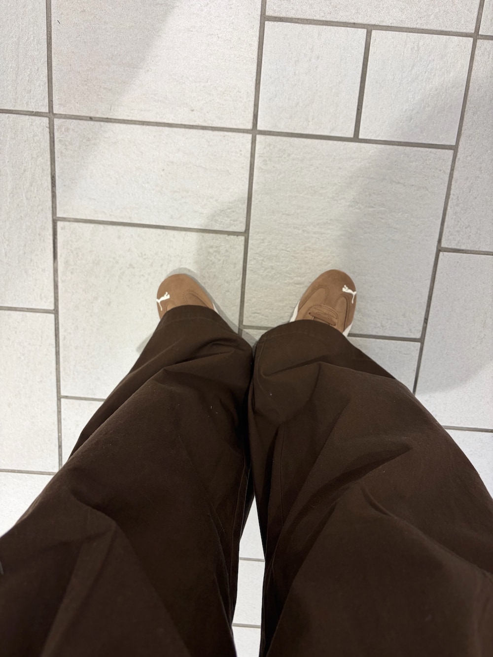 ホワイト系のTシャツ/カットソー、ブラウン系のその他パンツ、ブラウン系のスニーカーを着用したレディースの春コーディネートの5枚目の写真