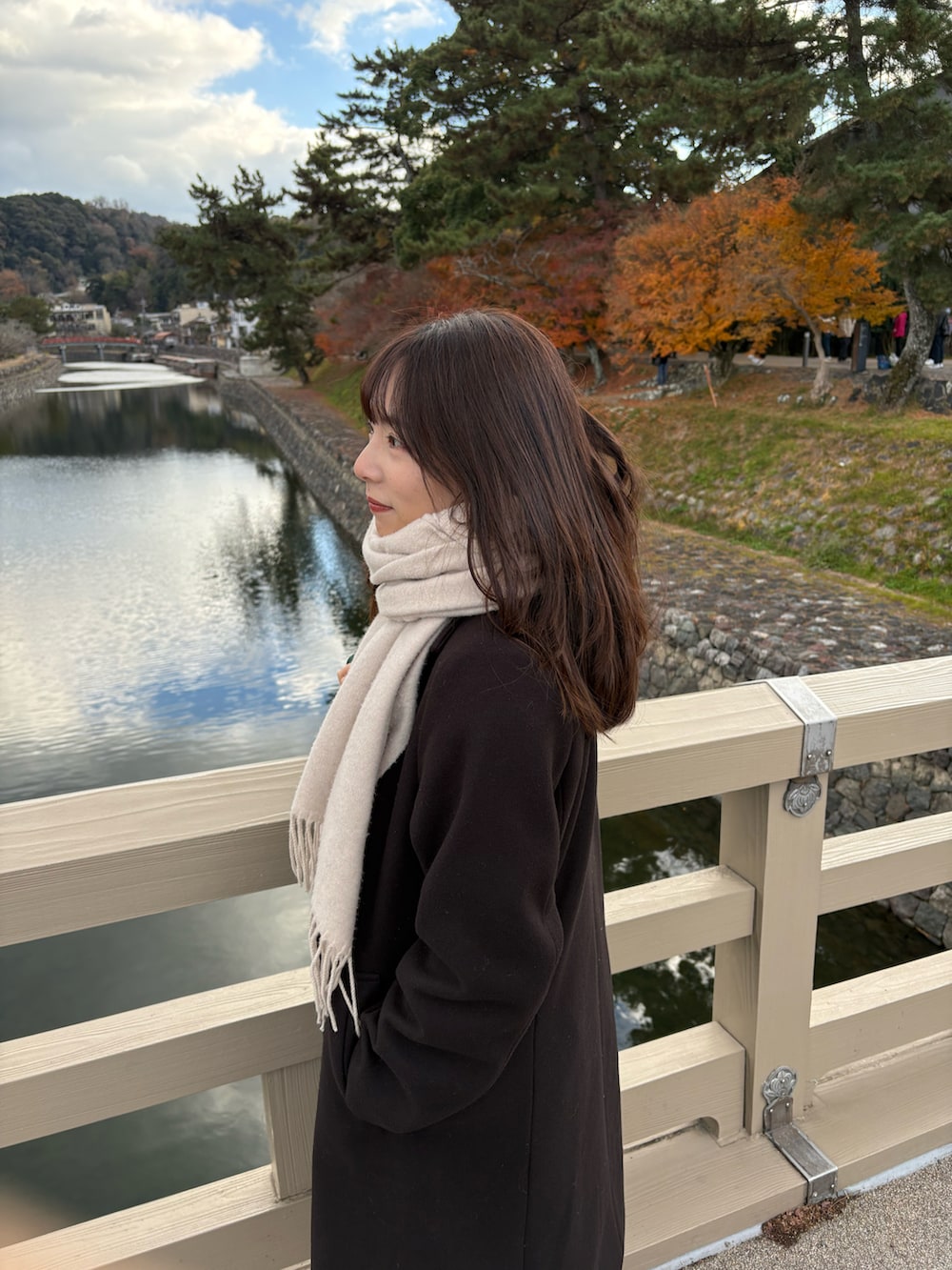 ブラウン系のチェスターコート、ブラック系のローファー、ブラック系のスカートを着用したレディースの冬コーディネートの2枚目の写真