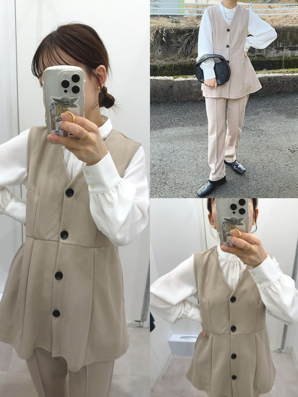 「セットアップ、休日スタイル、オフィスカジュアル、冬コーデ、レイヤードスタイル、セレモニーコーデ、入学式コーデ、卒業式コーデ、入学式・卒業式、ママファッション、nissen、プチプラ、お仕事コーデ、シンプルスタイル、きれいめカジュアル」｜「nissenのジレセットアップ（ペプラムジレ＋パンツ）（スーツセット、ベージュ系）」を使った、chicchimoさん（レディース・152cm）の冬コーディネートの4枚目の写真