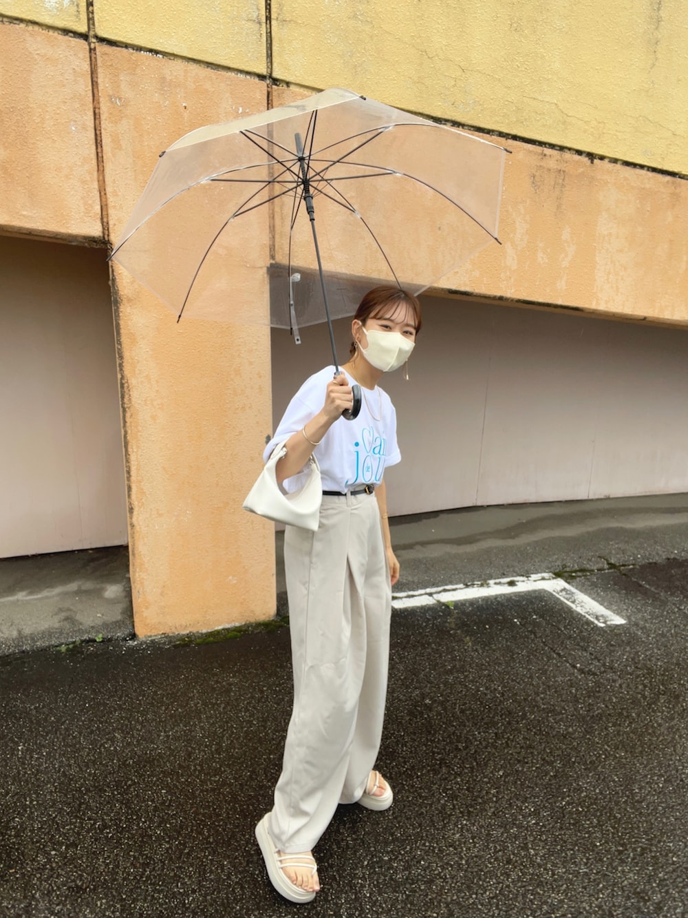 ホワイト系のTシャツ/カットソー、ホワイト系のスラックス、ホワイト系のハンドバッグを着用したレディースの夏コーディネートの2枚目の写真