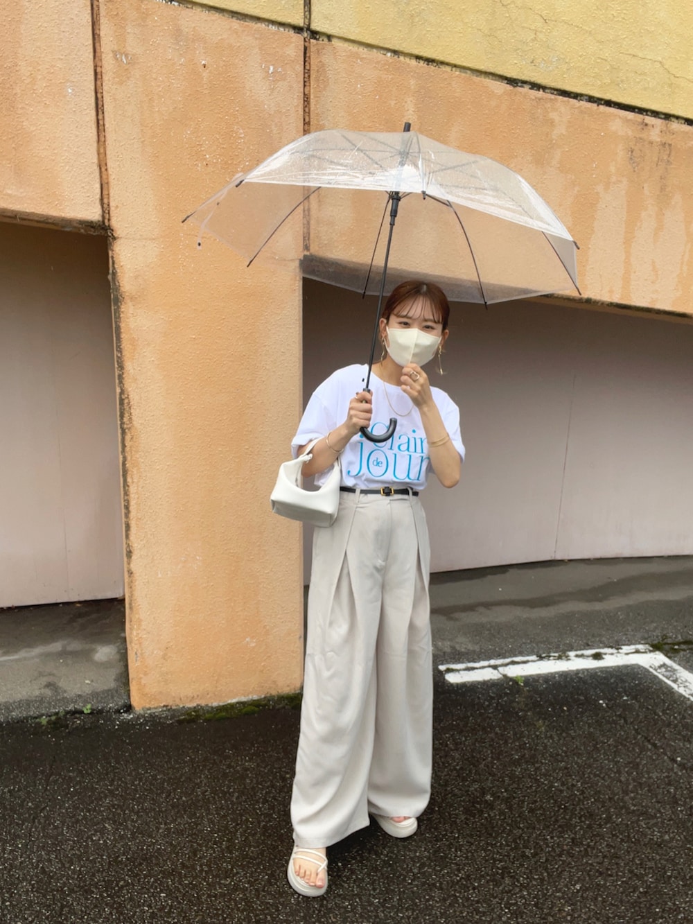 ホワイト系のTシャツ/カットソー、ホワイト系のスラックス、ホワイト系のハンドバッグを着用したレディースの夏コーディネートの5枚目の写真