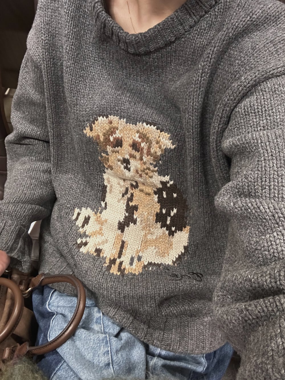 ブラウン系のトートバッグ、グレー系のニット/セーター、ブルー系のデニムパンツを着用したレディースの冬コーディネートの5枚目の写真