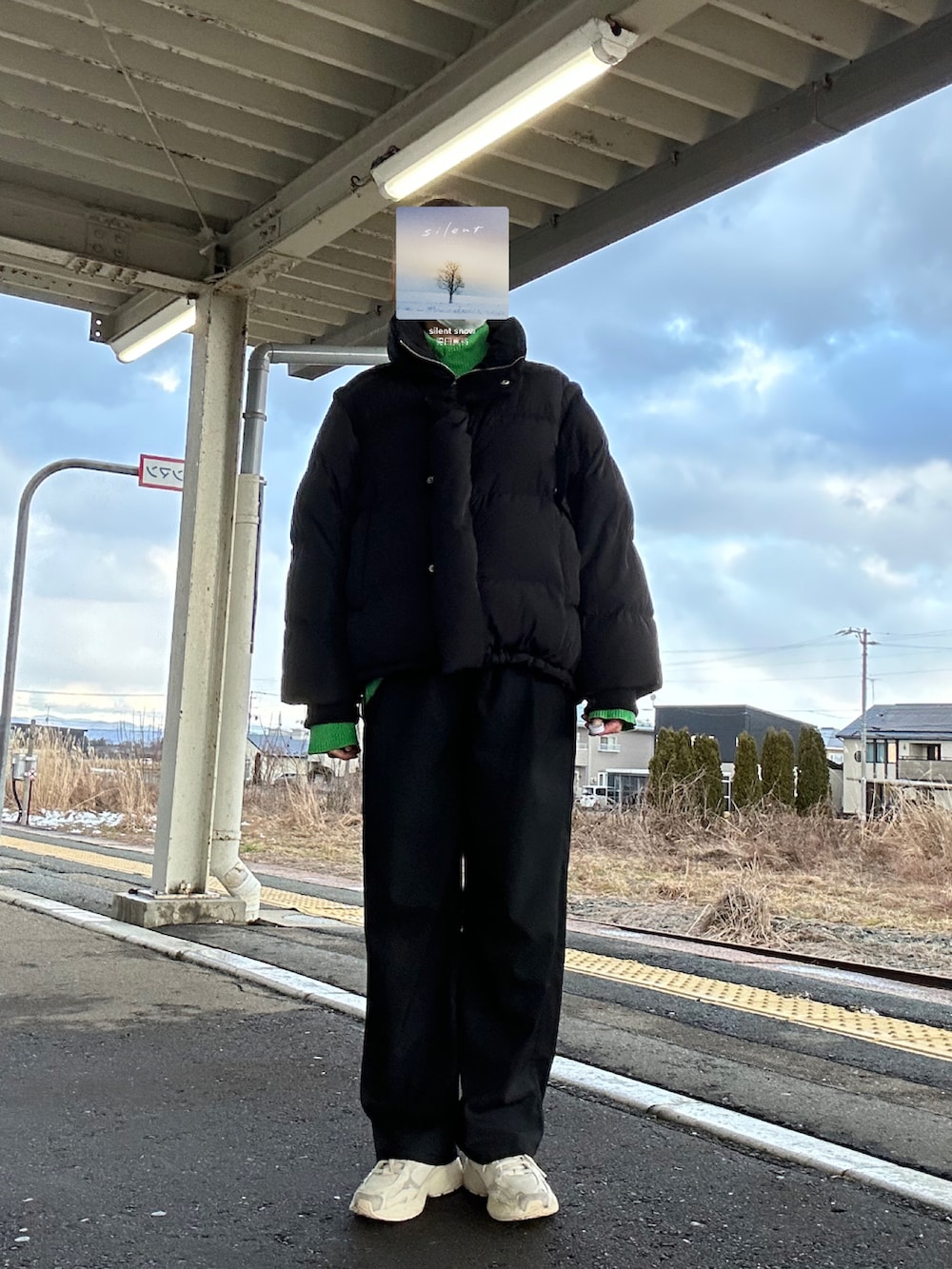 グリーン系のニット/セーター、ブラック系のスラックス、ベージュ系のスニーカーを着用したレディースの冬コーディネートの2枚目の写真