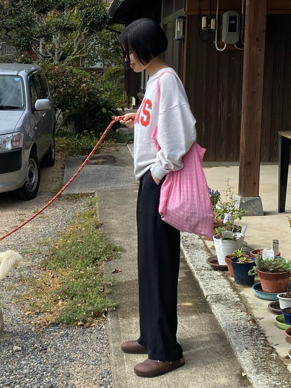 ブラック系のパンツ、グレー系のスウェット、ピンク系のトートバッグを着用したレディースの秋コーディネートの2枚目の写真
