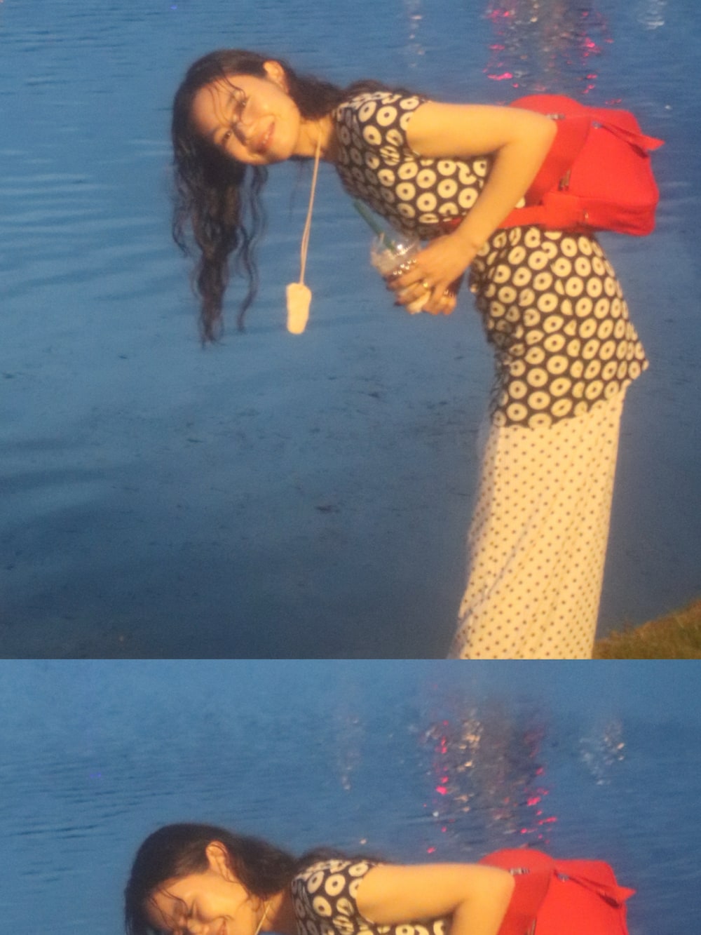 レッド系のショルダーバッグ、ホワイト系のスカート、ブラック系のワンピースを着用したレディースの夏コーディネートの2枚目の写真