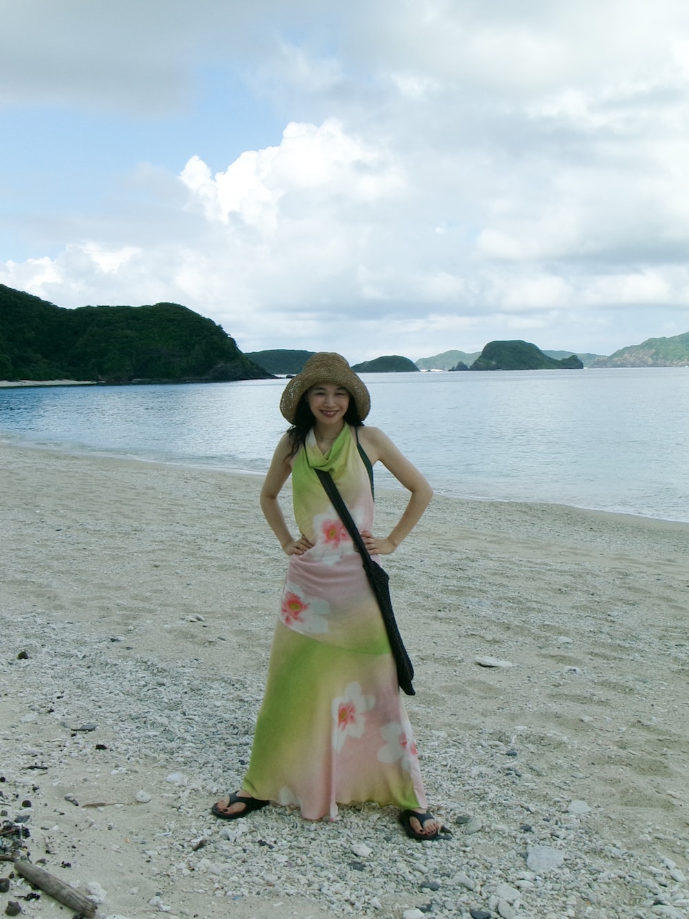 グリーン系のワンピース、ホワイト系のスリッポン、ブラウン系のハットを着用したレディースの夏コーディネートの3枚目の写真