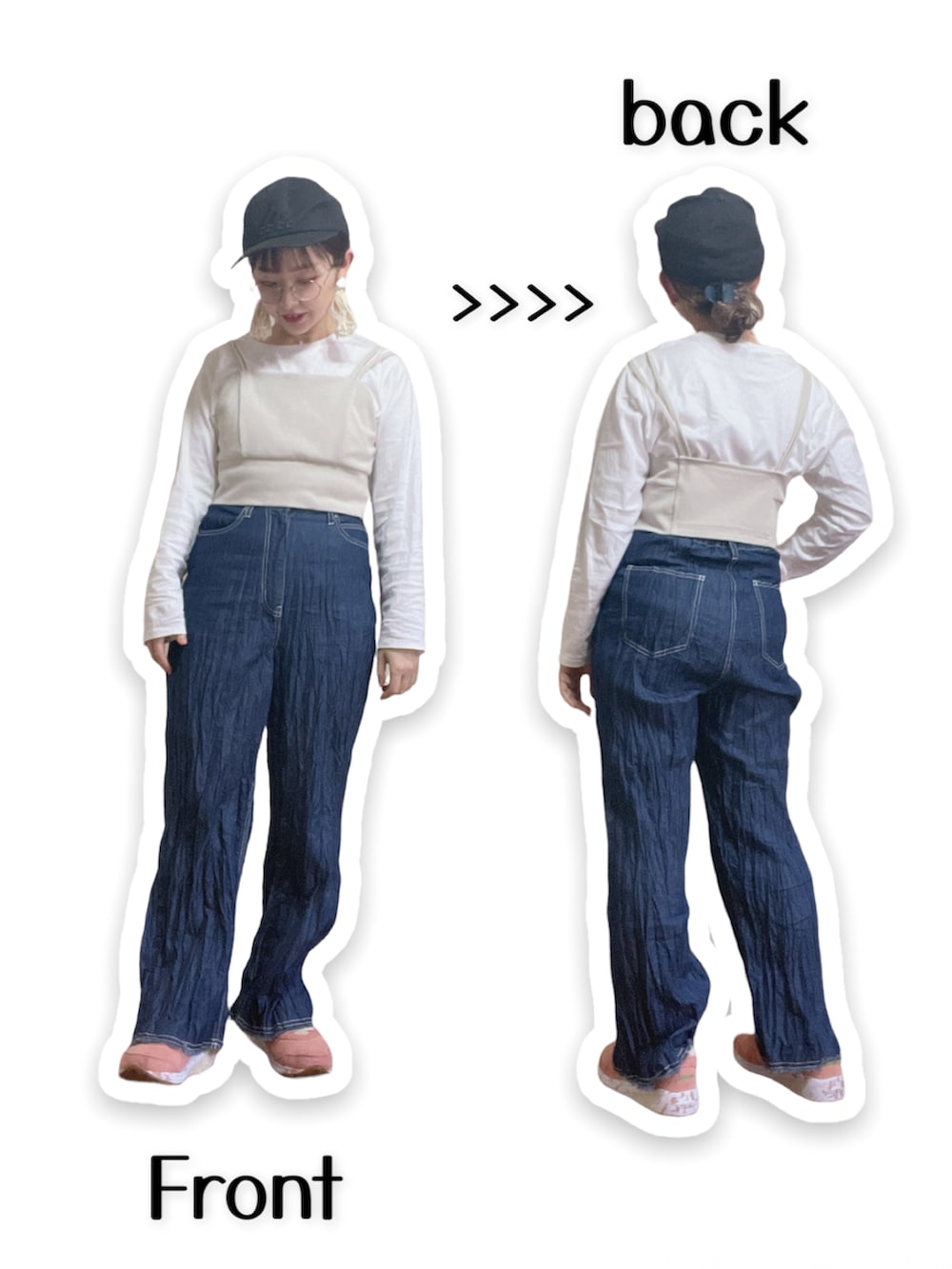 ブルー系のデニムパンツ、ピンク系のスニーカー、ベージュ系のショルダーバッグを着用したレディースの春コーディネートの2枚目の写真