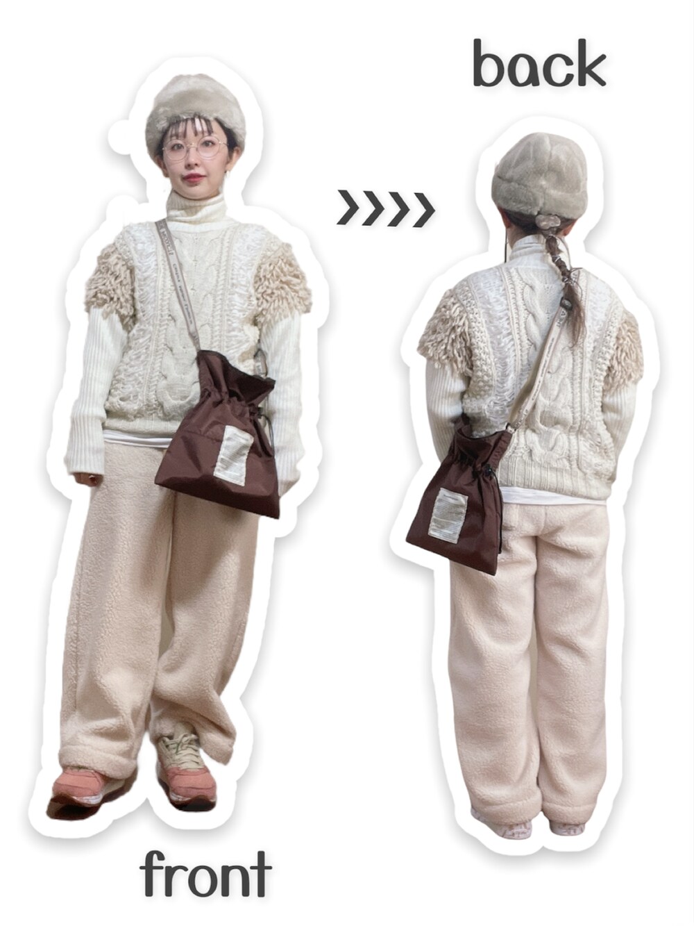 ブラウン系のショルダーバッグ、ホワイト系のパンツ、ピンク系のスニーカーを着用したレディースの冬コーディネートの2枚目の写真