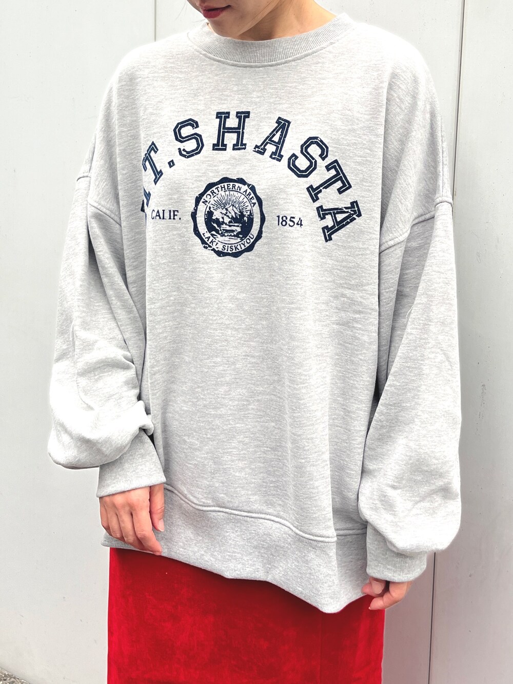 グレー系のスウェット、レッド系のスカート、ブラック系のスニーカーを着用したレディースの秋コーディネートの2枚目の写真