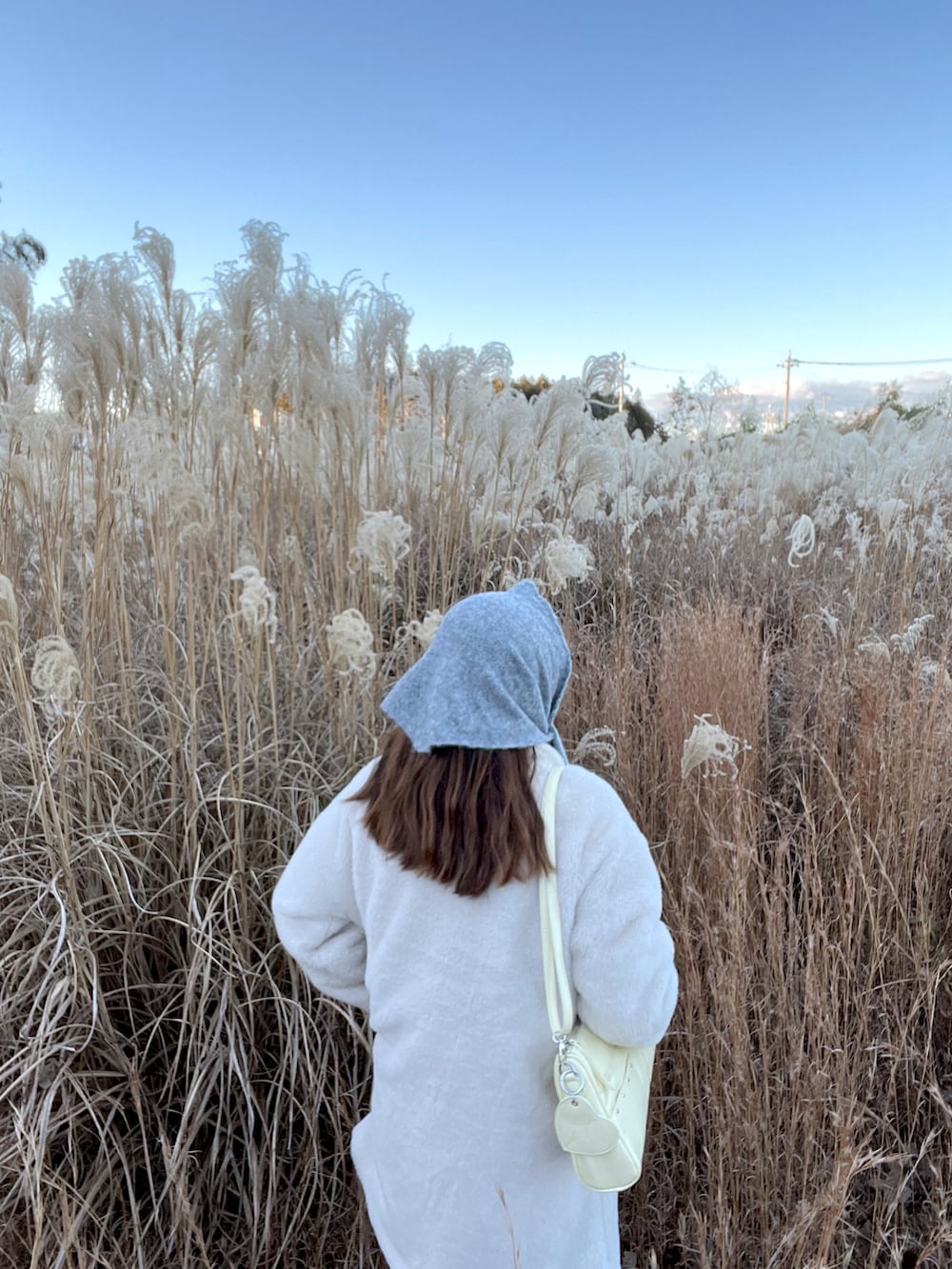 イエロー系のショルダーバッグ、ベージュ系のステンカラーコートを着用したレディースの冬コーディネートの4枚目の写真