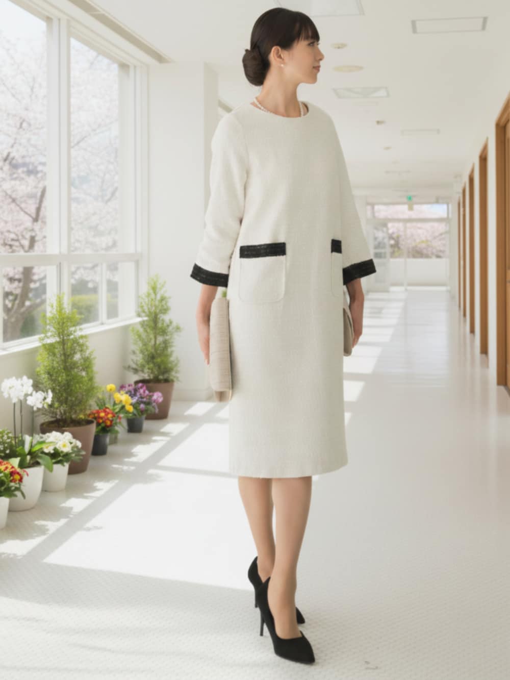 ホワイト系のスーツスカートを着用したレディースの冬コーディネートの2枚目の写真