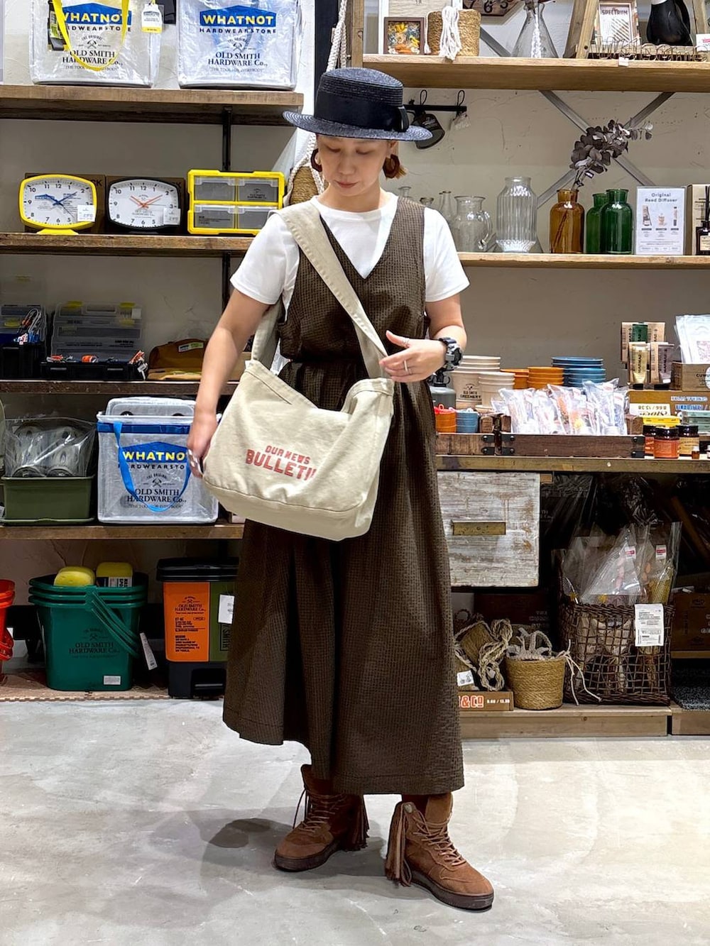 「高身長、ゆったり、ママコーデ、niko and ...、大人カジュアル、Tシャツ、白Tシャツ、ワンピース、夏コーデ、秋コーデ、秋服準備はじめました、ハット、バッグ、ショルダーバッグ」｜「niko and...のCOLORマイスターフィットTシャツ（Tシャツ/カットソー、ホワイト系）」を使った、yaritaさん（レディース・166cm）の夏コーディネートの7枚目の写真