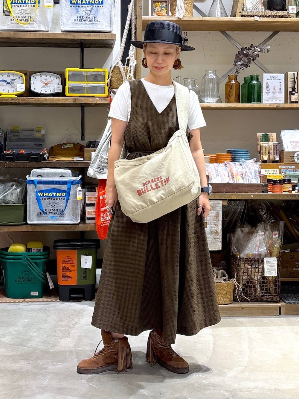 「高身長、ゆったり、ママコーデ、niko and ...、大人カジュアル、Tシャツ、白Tシャツ、ワンピース、夏コーデ、秋コーデ、秋服準備はじめました、ハット、バッグ、ショルダーバッグ」｜「niko and...のCOLORマイスターフィットTシャツ（Tシャツ/カットソー、ホワイト系）」を使った、yaritaさん（レディース・166cm）の夏コーディネートの3枚目の写真