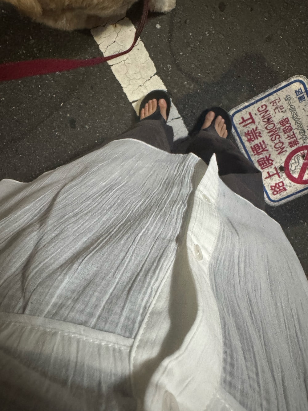 ホワイト系のシャツ/ブラウス、ブラウン系のデニムパンツ、ブラック系のサンダルを着用したレディースの夏コーディネートの2枚目の写真