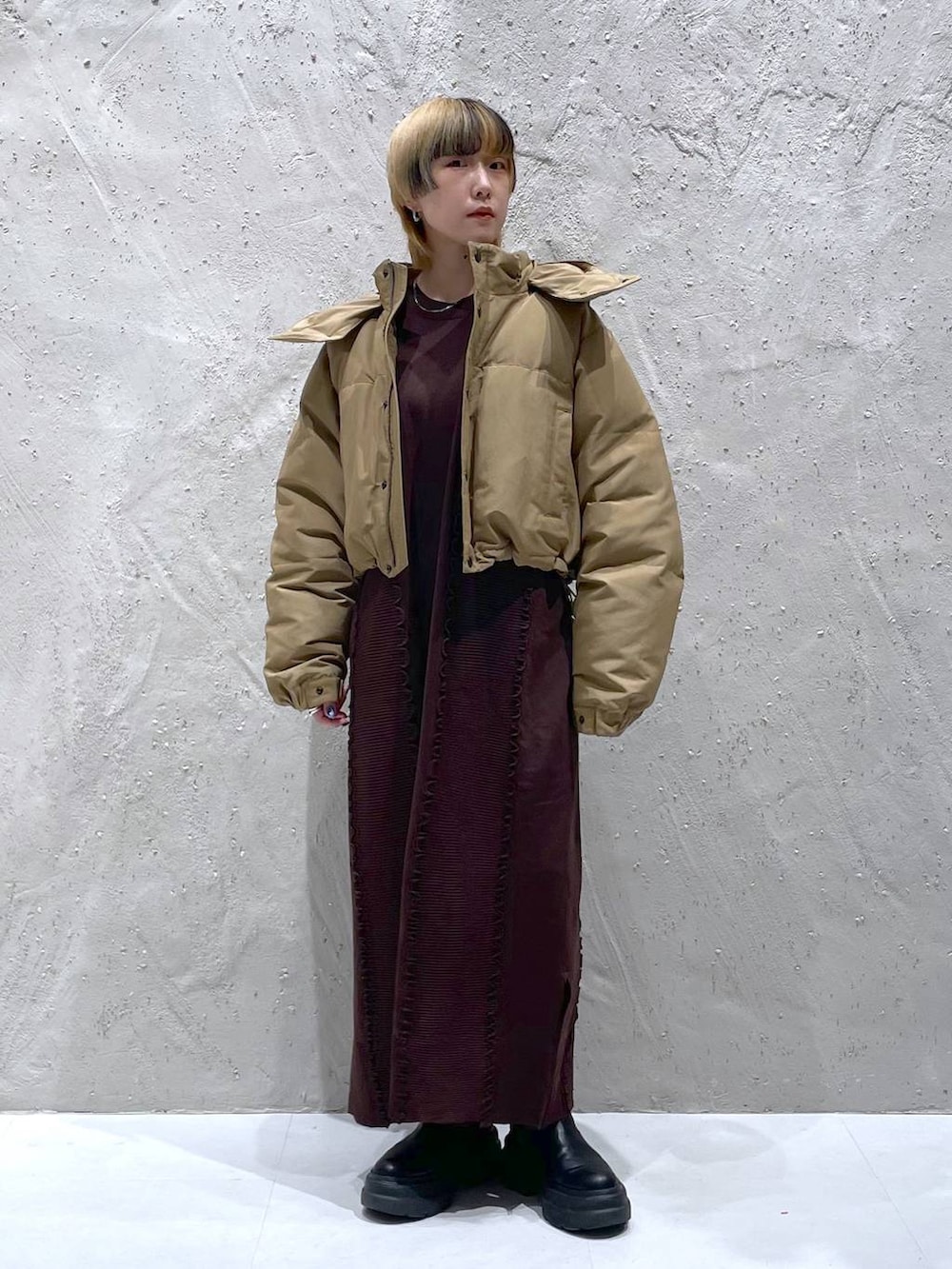 ブラウン系のワンピース、ブラウン系のダウンジャケット/コートを着用したレディースの秋コーディネートの5枚目の写真