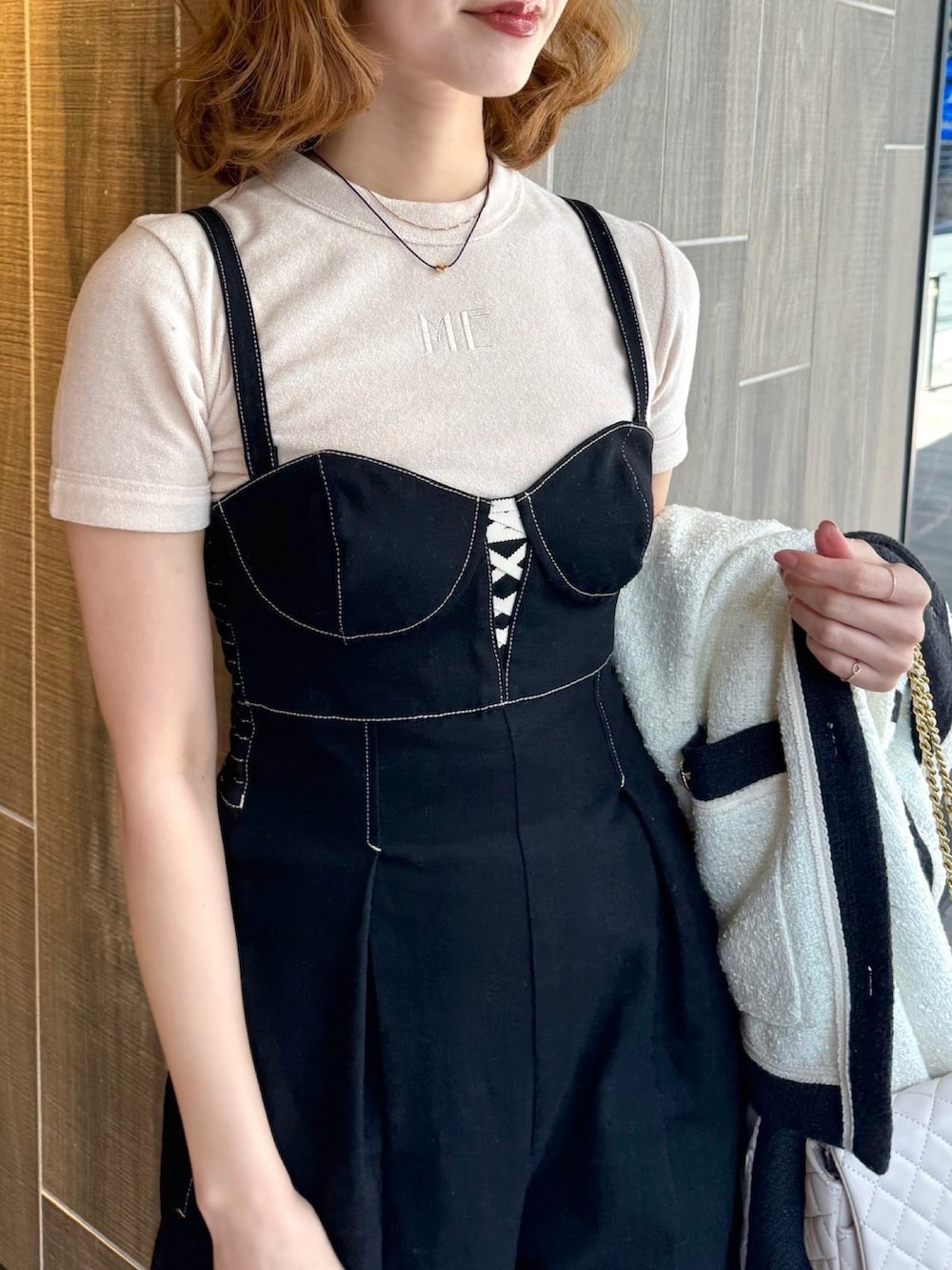 「オトナカジュアル、オトナ女子、きれいめカジュアル、春コーデ、ジャケット、骨格ウェーブ、deicy、mecouture」｜「DEICYのセーラーカラーツイードジャケット（テーラードジャケット、ホワイト系）」を使った、DEICYさん（レディース・160cm）の春コーディネートの5枚目の写真