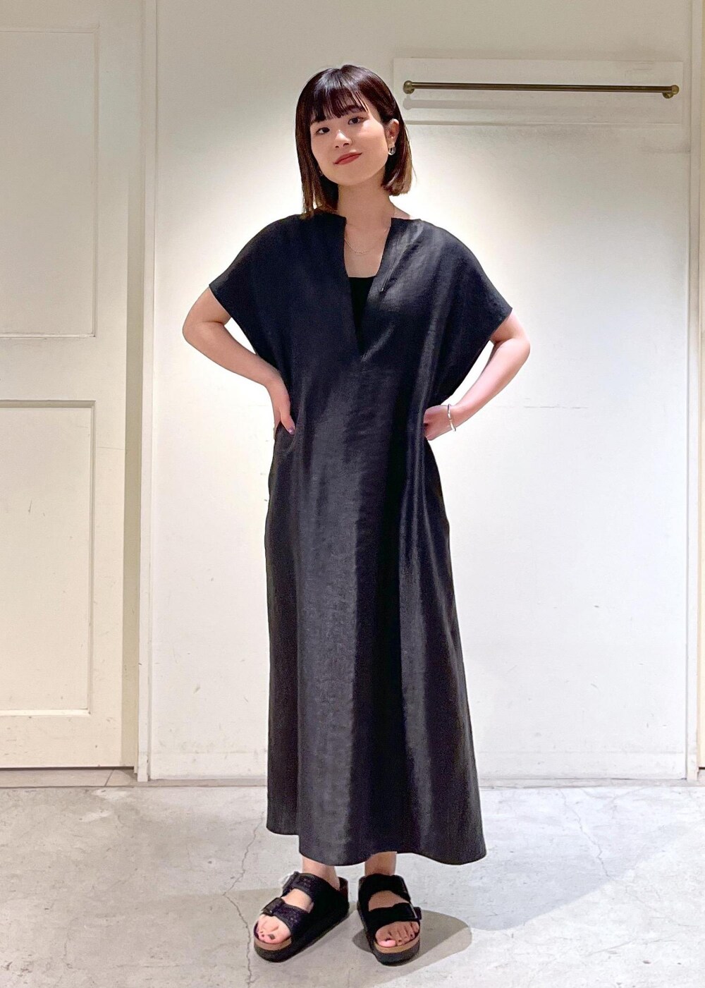 「カフタンワンピース、シャイニー、タンクトップ、KINAN、BIRKENSTOCK、Arizona、bonbonstore、日傘、ブラック、メッシュ、ワンピース、サンダル、サロンアダムエロペ、SALON adam et ropé、24SS夏の新作」｜「BIRKENSTOCKの【BIRKENSTOCK】Arizona Platform Flex Mesh（サンダル、ブラック系）」を使った、michiruさん（レディース・156cm）の春コーディネートの8枚目の写真