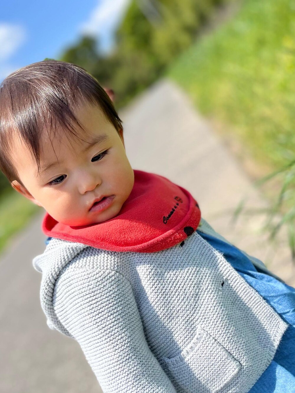 「過去のコーデ、コーデ記録、てんとう虫柄、お花摘み」｜「COMME CA ISMのアイテム（スタイ/よだれかけ、レッド系）」を使った、riryさん（キッズ・70cm）の秋コーディネートの2枚目の写真