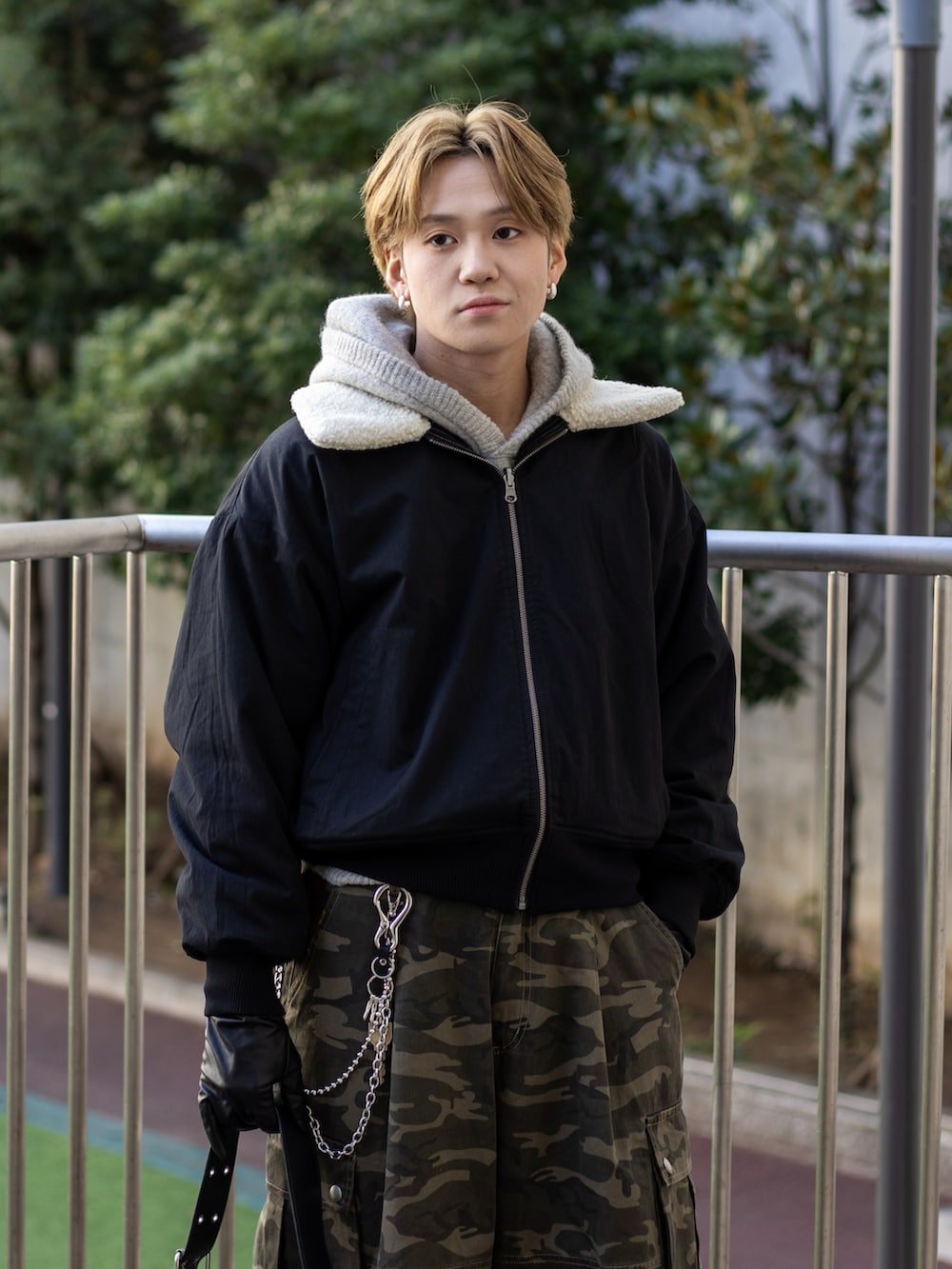 Reversible cropped boa collar blouson