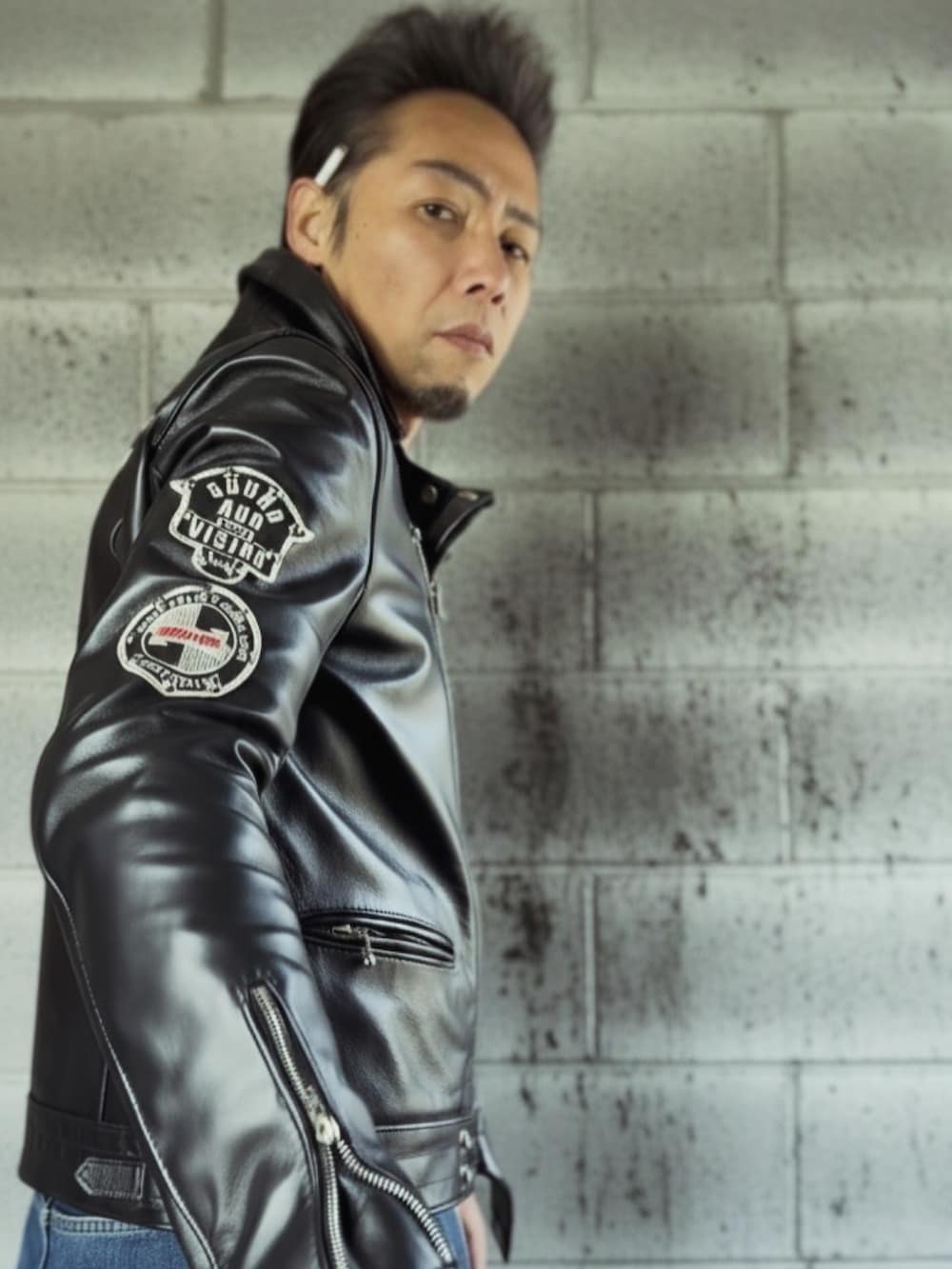 ブラック系のライダースジャケットを着用したメンズの冬コーディネートの2枚目の写真