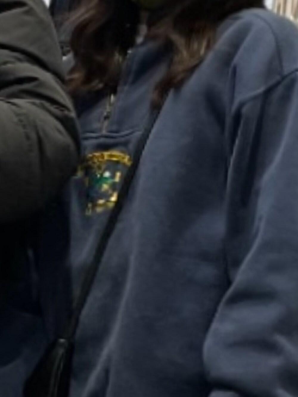 ベージュ系のスニーカー、ベージュ系のチノパンツ、ブルー系のパーカーを着用したレディースの冬コーディネートの2枚目の写真