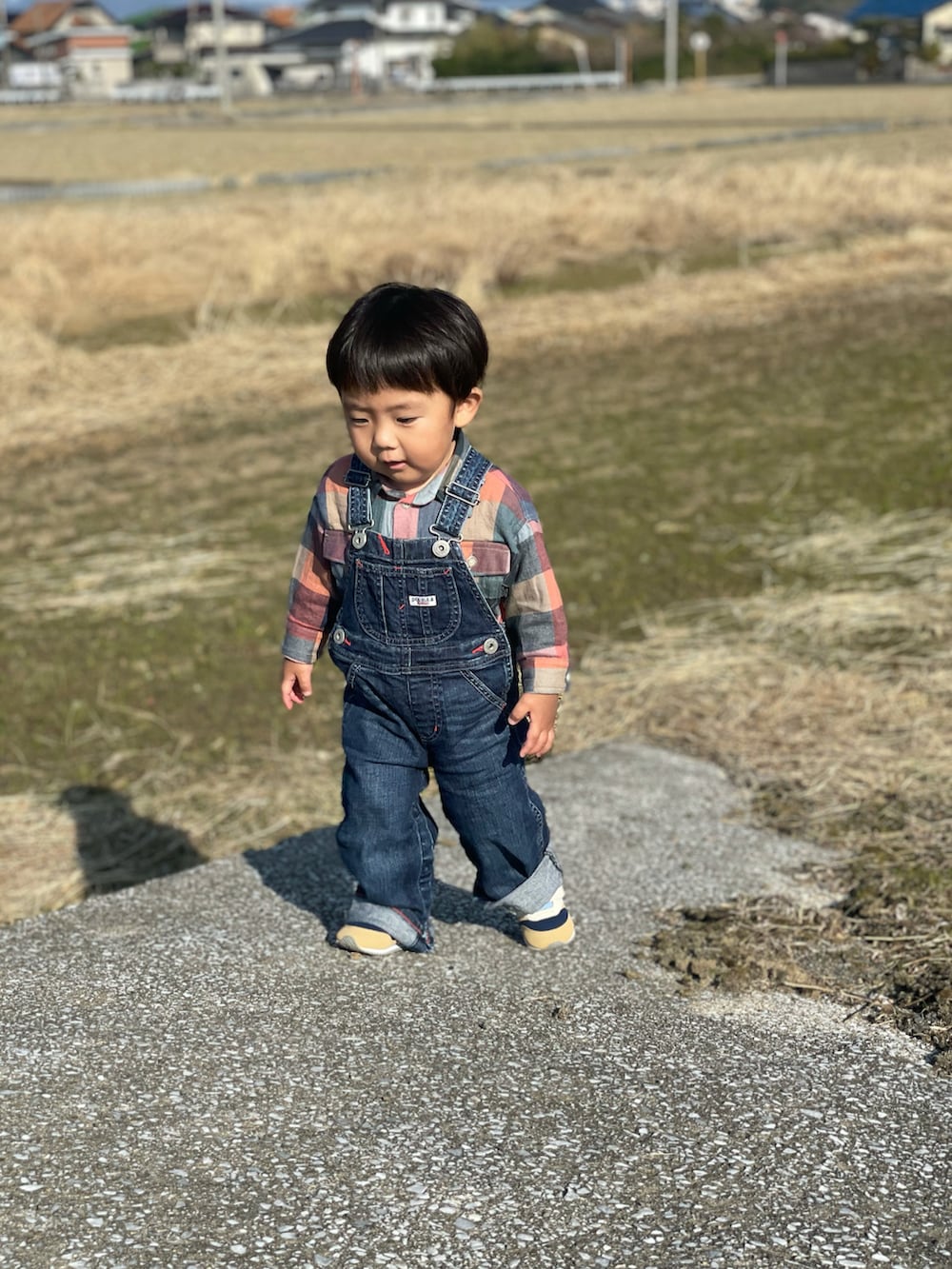 「田舎、私の推しブランド、チェック柄に恋してる、ダブルビー、ブリーズ、おしゃれさんと繋がりたい、２歳1ヶ月、かわいい、男の子、オーバーオール、晴れ、お正月、田んぼ、チェックシャツ、休日スタイル」｜「DOUBLE_Bの【NEW】ミキハウス＆ミズノコラボ ベビーシューズ（スニーカー、ベージュ系）」を使った、蒼さん（キッズ・80cm）の冬コーディネートの2枚目の写真