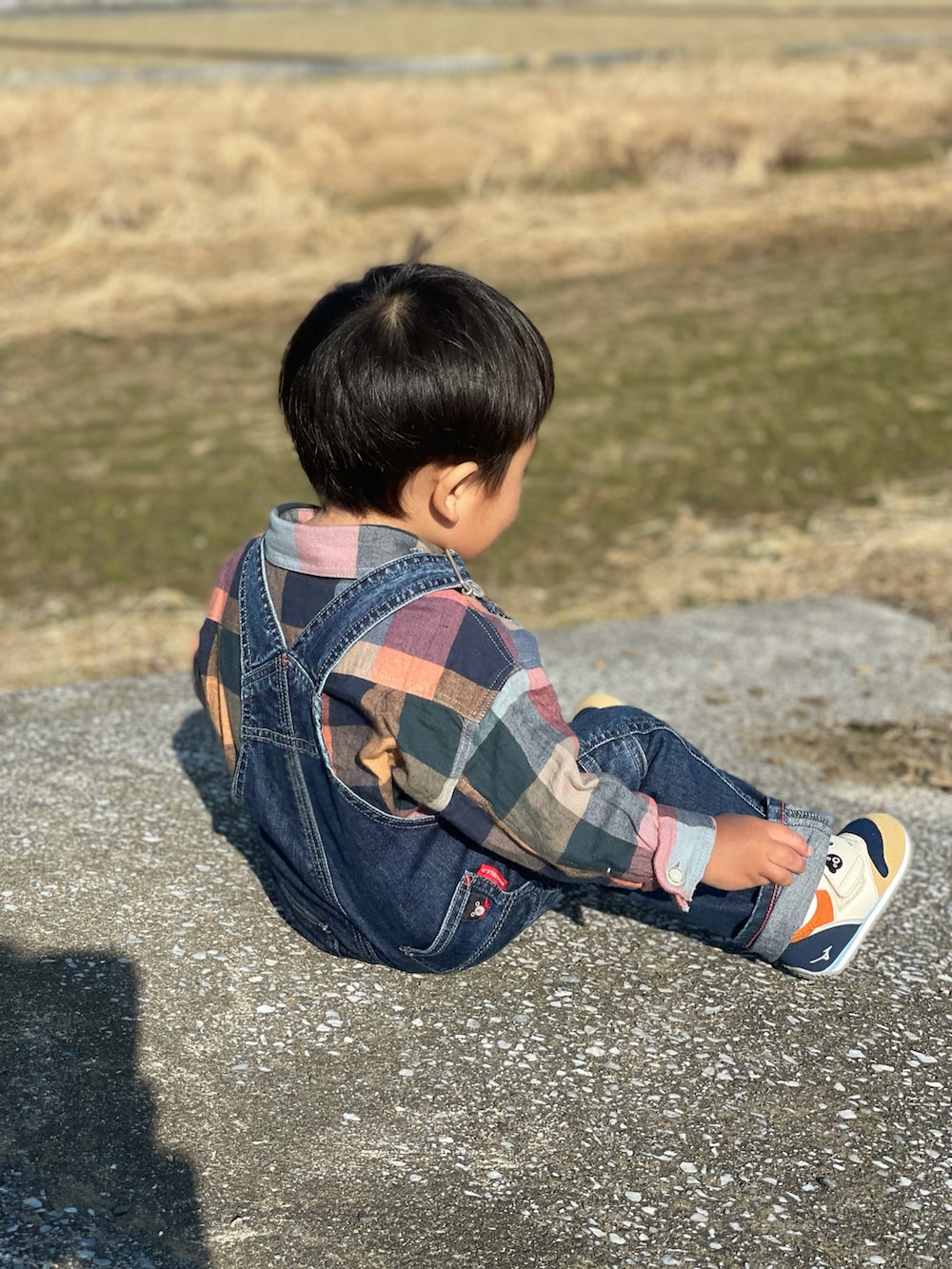 「田舎、私の推しブランド、チェック柄に恋してる、ダブルビー、ブリーズ、おしゃれさんと繋がりたい、２歳1ヶ月、かわいい、男の子、オーバーオール、晴れ、お正月、田んぼ、チェックシャツ、休日スタイル」｜「DOUBLE_Bの【NEW】ミキハウス＆ミズノコラボ ベビーシューズ（スニーカー、ベージュ系）」を使った、蒼さん（キッズ・80cm）の冬コーディネートの4枚目の写真