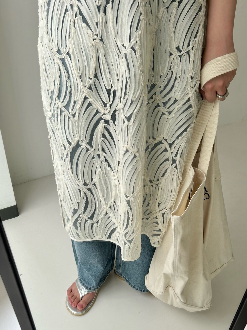 ホワイト系のワンピースを着用したレディースの春コーディネートの2枚目の写真