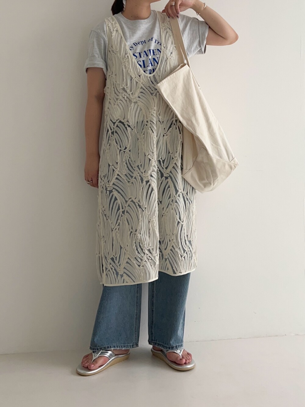 ホワイト系のワンピースを着用したレディースの春コーディネートの3枚目の写真