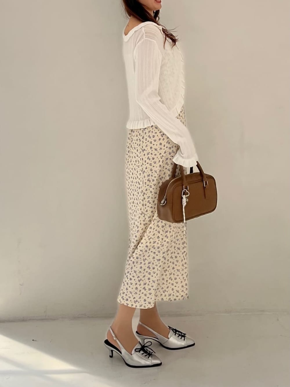 ホワイト系のワンピース、ホワイト系のカーディガン/ボレロを着用したレディースの春コーディネートの2枚目の写真