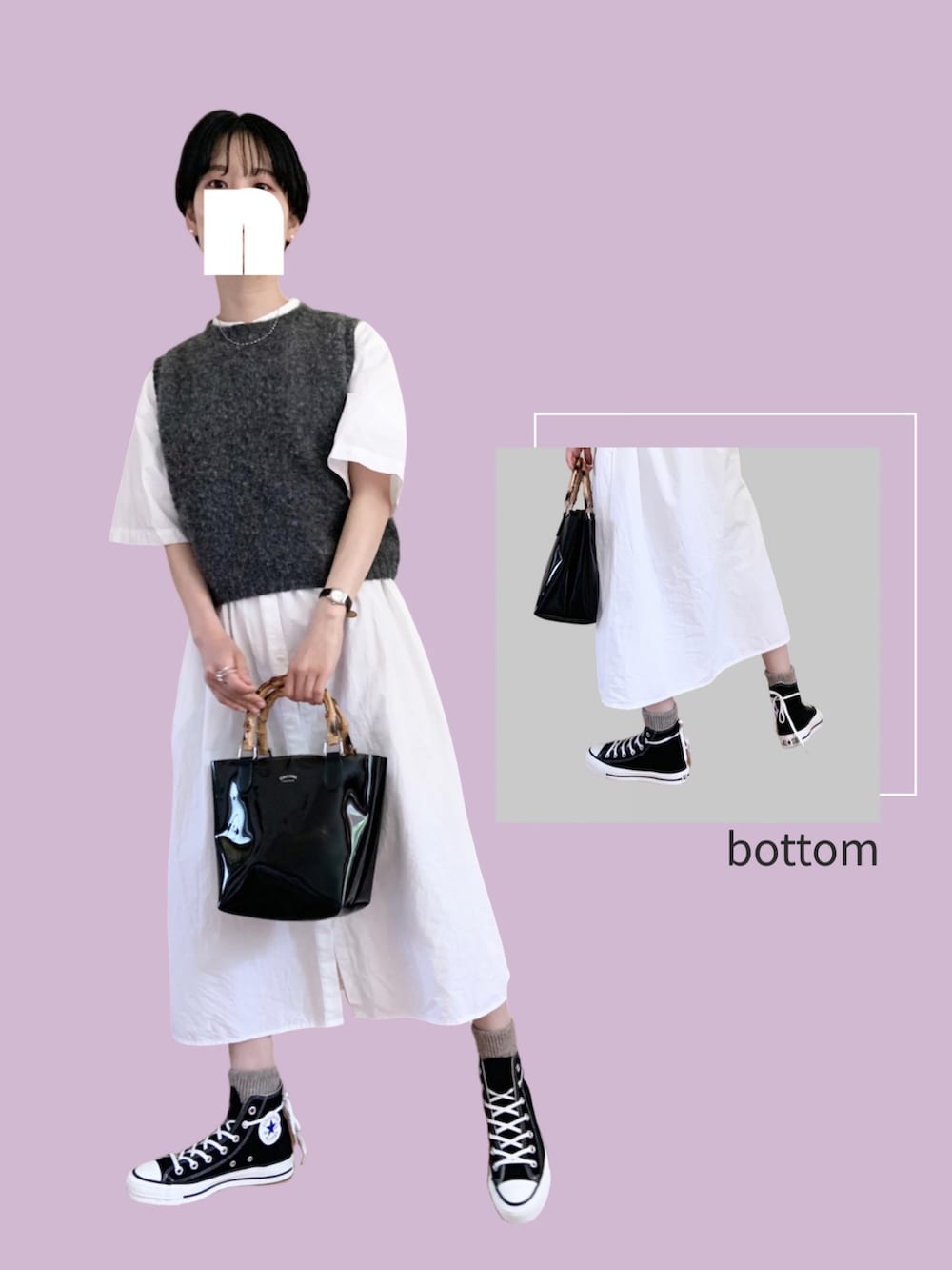 グレー系のベスト、ホワイト系のワンピース、ブラック系のハンドバッグを着用したレディースの春コーディネートの2枚目の写真