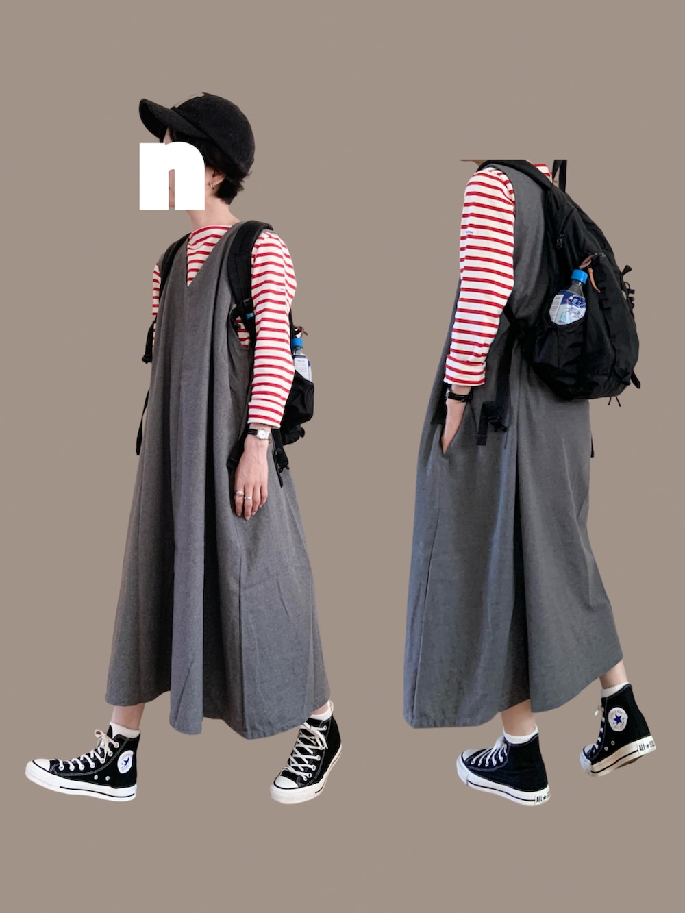 グレー系のジャンパースカート、レッド系のTシャツ/カットソー、ブラック系のスニーカーを着用したレディースの秋コーディネートの2枚目の写真