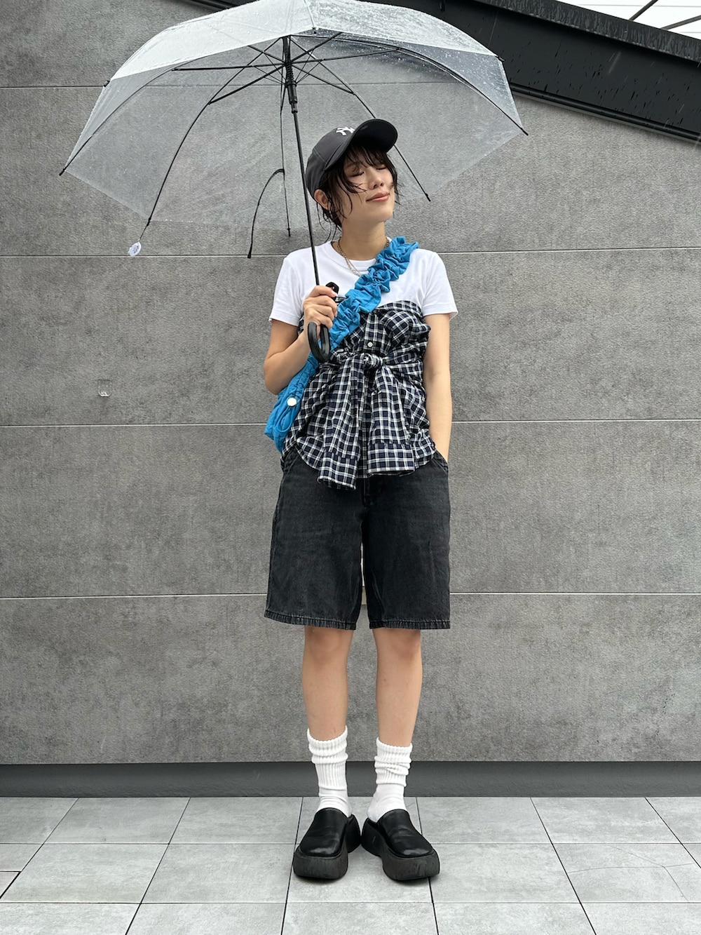 ブラック系のサンダル、ブルー系のショルダーバッグ、ブルー系のシャツ/ブラウスを着用したレディースの夏コーディネートの2枚目の写真