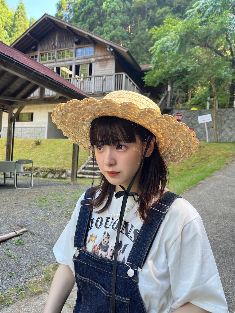 ブルー系のサロペット/オーバーオール、レッド系のかごバッグ、ホワイト系のTシャツ/カットソーを着用したレディースの夏コーディネートの2枚目の写真