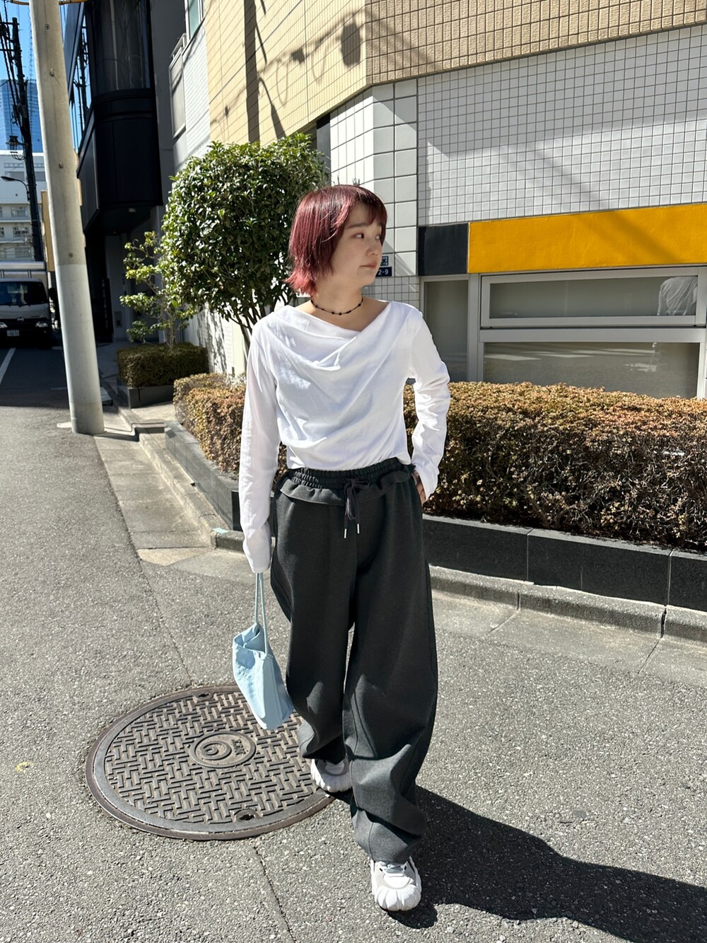 ホワイト系のTシャツ/カットソー、グレー系のその他パンツを着用したレディースの春コーディネートの2枚目の写真