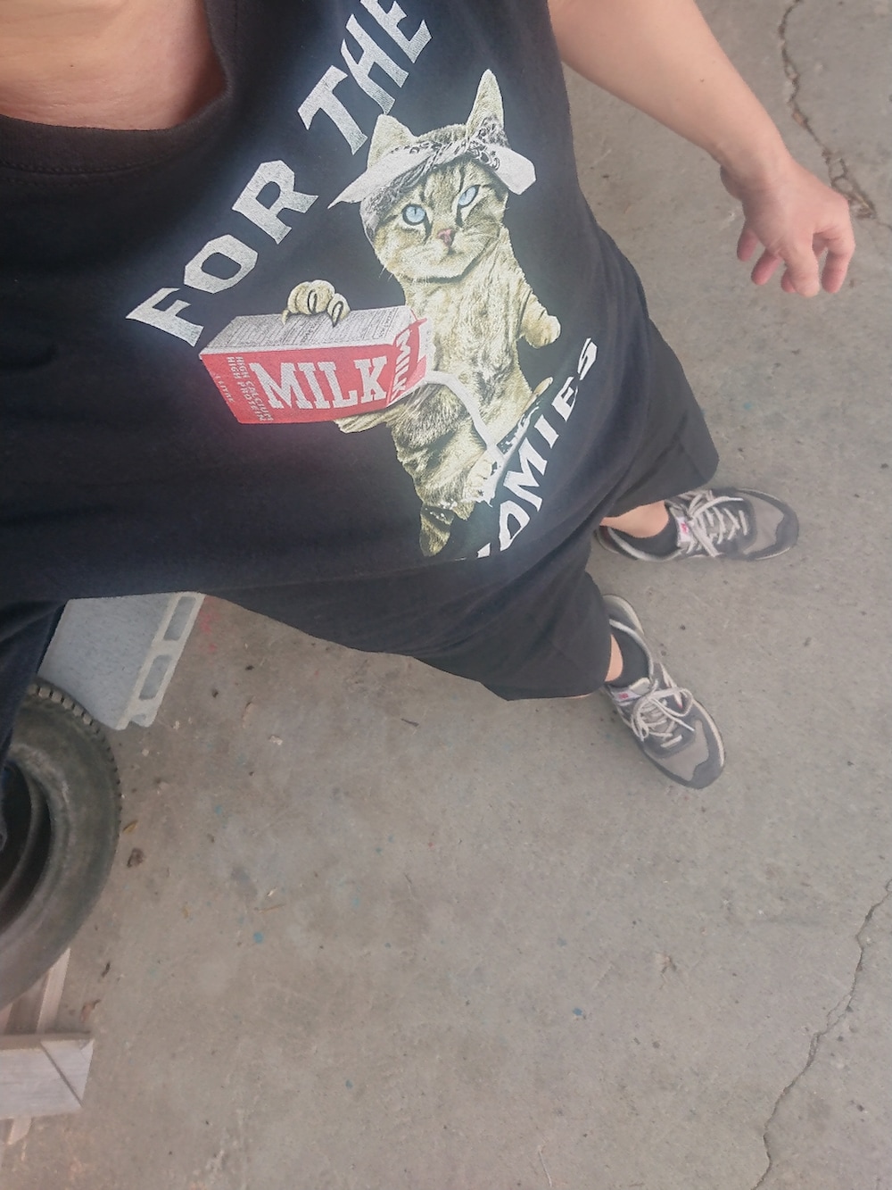 ブラック系のTシャツ/カットソー、ブラック系のパンツ、グレー系のスニーカーを着用したメンズの秋コーディネートの2枚目の写真