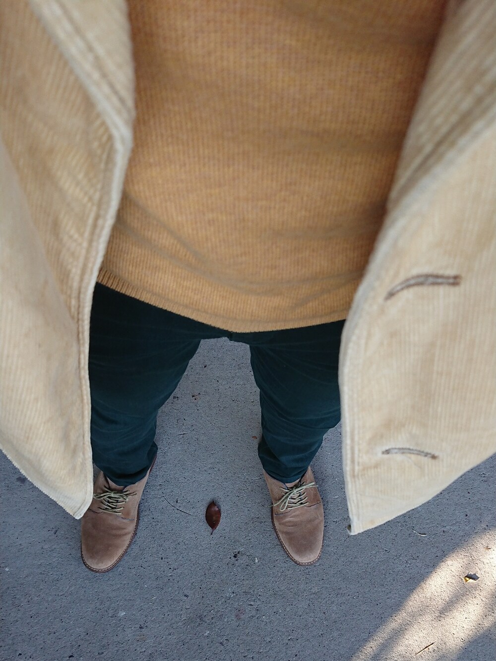 ベージュ系のピーコート、ベージュ系のニット/セーター、グリーン系のデニムパンツを着用したメンズの秋コーディネートの2枚目の写真