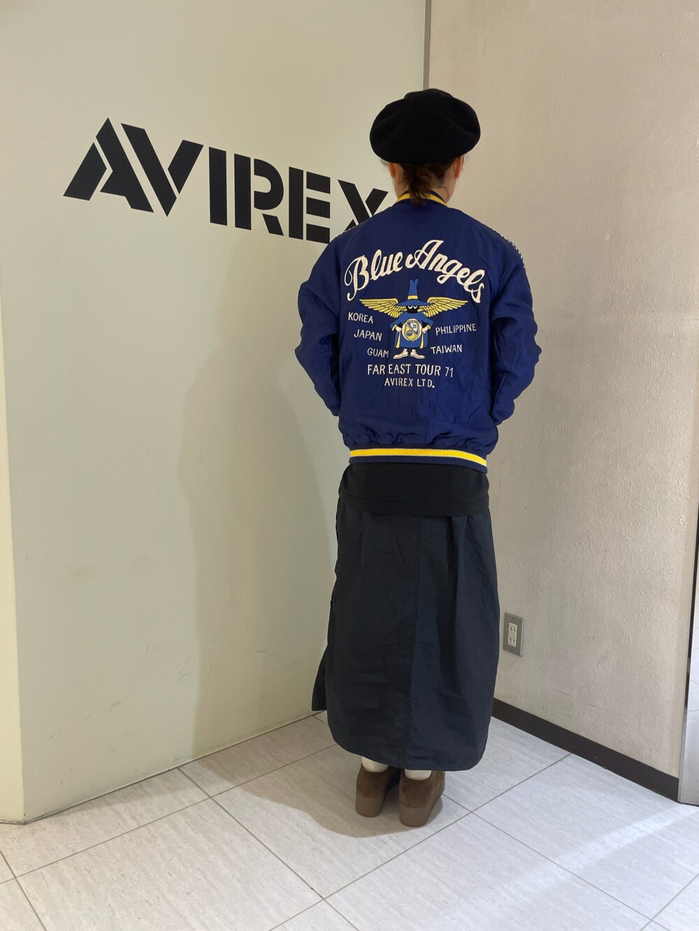 「AVIREX、ロングスカート、春、ootd、春コーデ、楽チンコーデ、カジュアルコーデ、AVIREXBelle、相互フォロー、ファッションの力を信じよう」｜「TAILOR TOYOの《AVIREX × TAILOR TOYO》SUKA JACKET BLUE ANGELS / アヴィレックス × テイラー東洋 スカジャケット ブルーエンジェルス（スカジャン、ブルー系）」を使った、Risaさん（レディース・163cm）の春コーディネートの2枚目の写真