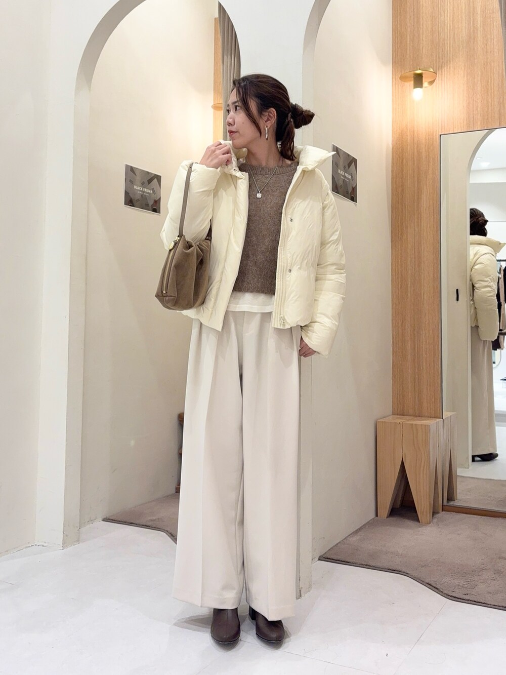 ホワイト系のその他アウター、ホワイト系のTシャツ/カットソー、ホワイト系のその他パンツを着用したレディースの冬コーディネートの2枚目の写真